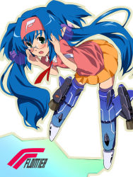 Rule 34 | 1girl, adjusting eyewear, bent over, blue hair, blush, breasts, female focus, full body, glasses, green eyes, hair between eyes, hairband, klan klein, long hair, long twintails, looking at viewer, macross, macross frontier, miniskirt, necktie, okiura, open mouth, orange skirt, parody, pink shirt, pointy ears, puffy short sleeves, puffy sleeves, red necktie, shirt, short sleeves, skirt, small breasts, solo, strike witches, striker unit, twintails, very long hair, world witches series