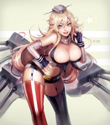 Rule 34 | 10s, 1girl, :d, artist name, bad id, bad tumblr id, bare shoulders, belt, black gloves, black shirt, blonde hair, blue eyes, breasts, bridal garter, buckle, buttons, cannon, cleavage, clothing cutout, collar, contrapposto, crop top, elbow gloves, fingerless gloves, flag print, front-tie top, garter straps, gloves, green background, grey hat, hair between eyes, hand on own hip, hanging breasts, hat, headgear, highres, iowa (kancolle), kantai collection, large breasts, leaning forward, long hair, looking at viewer, machinery, miniskirt, navel, navel cutout, nose, open clothes, open mouth, open shirt, shirt, simple background, skirt, sleeveless, sleeveless shirt, smile, solo, standing, star-shaped pupils, star (symbol), stomach, striped clothes, striped thighhighs, symbol-shaped pupils, teeth, thighhighs, turret, unbuttoned, viorie, wrist cuffs