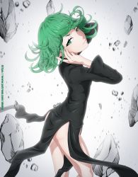 Rule 34 | 1girl, artist name, ass, black dress, breasts, commentary, curly hair, dress, from side, green eyes, green hair, highres, long sleeves, looking at viewer, no panties, obakeart, one-punch man, short hair, small breasts, solo, tatsumaki, telekinesis, watermark, web address