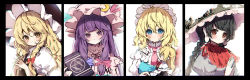 Rule 34 | 4girls, alice margatroid, blonde hair, blue bow, blue eyes, blush, book, bow, braid, capelet, crescent, crescent hat ornament, dress, hair bow, hat, hat ornament, highres, kirisame marisa, letterboxed, long hair, long sleeves, looking at viewer, multiple girls, patchouli knowledge, piyokichi, purple eyes, purple hair, red bow, single braid, smile, touhou, upper body, white bow, witch hat, yatadera narumi, yellow eyes