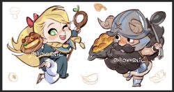 1boy 1girl beard blonde_hair chibi dungeon_meshi dwarf elf facial_hair fake_horns food full_body helmet holding holding_food horned_helmet horns long_beard long_hair looking_back marcille_donato merchandise_available mustache one_eye_closed onion_holic pointy_ears senshi_(dungeon_meshi) sketch thick_mustache very_long_beard