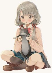 Rule 34 | 1girl, animal, black socks, blush, brown eyes, cardigan, cat, full body, grey hair, highres, hisakawa nagi, holding, holding animal, holding cat, idolmaster, idolmaster cinderella girls, indian style, kneehighs, loafers, long hair, low twintails, michii yuuki, open mouth, school uniform, shoes, simple background, sitting, skirt, socks, solo, twintails, white background