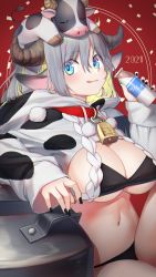 Rule 34 | 1girl, 2021, :p, animal ears, animal hat, animal print, bikini, black bikini, black nails, blue eyes, bottle, breasts, chinese zodiac, cow ears, cow horns, cow print, cowbell, crop top, female focus, hair between eyes, hat, highres, holding, holding bottle, hood, horns, large breasts, micro bikini, milk, milk bottle, mitake eil, multicolored hair, nail polish, navel, neck bell, original, solo, swimsuit, tongue, tongue out, year of the ox