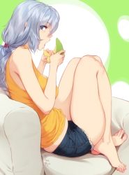 Rule 34 | 1girl, barefoot, blue eyes, breasts, cantaloupe, commentary, couch, eating, english commentary, feet, feguimel, food, from side, fruit, full body, grey hair, hair between eyes, hands up, highres, holding, knees up, large breasts, legs, legs together, looking at viewer, melon, melon slice, open mouth, orange tank top, original, ponytail, shadow, short shorts, shorts, signature, sitting, solo, tank top, thighs, toes, torn clothes, torn shorts