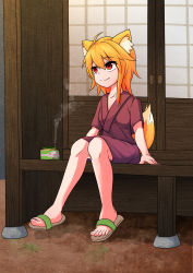 Rule 34 | 1girl, ahoge, alternate costume, animal ear fluff, animal ears, asymmetrical hair, blonde hair, brown kimono, closed mouth, commentary request, cookie (touhou), dirt, fang, fang out, fox ears, fox girl, fox tail, full body, hair between eyes, highres, japanese clothes, kimono, looking afar, medium hair, miramikaru riran, red eyes, sandals, sidelocks, sitting, smile, solo, tail, yan pai