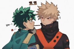 Rule 34 | !, 2boys, bakugou katsuki, black bodysuit, blonde hair, blush, bodysuit, boku no hero academia, closed mouth, commentary request, dated, food, food in mouth, freckles, gaagyeo, green bodysuit, green eyes, green hair, high collar, hood, hooded bodysuit, korean commentary, korean text, looking at another, male focus, midoriya izuku, mouth hold, multiple boys, pocky, pocky day, red eyes, short hair, simple background, spiked hair, translation request, upper body, white background, yaoi