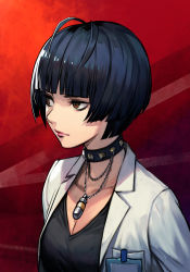 Rule 34 | 1girl, antenna hair, black hair, blunt bangs, breasts, brown eyes, cleavage, eyeliner, hungry clicker, jewelry, lab coat, lips, looking afar, makeup, medium breasts, name tag, pendant, persona, persona 5, short hair, solo, studded choker, takemi tae