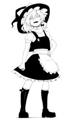 Rule 34 | 1girl, absurdres, apron, boots, bow, braid, commentary request, full body, greyscale, hair between eyes, hair bow, hand on own hip, hat, hat bow, highres, himajin noizu, kirisame marisa, knee boots, monochrome, open mouth, puffy short sleeves, puffy sleeves, short sleeves, side braid, simple background, single braid, skirt, skirt set, solo, standing, touhou, tsurime, waist apron, white background, witch hat