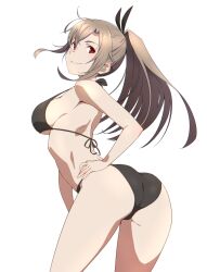 Rule 34 | 1girl, breasts, eydis (sao), hand on own hip, long hair, looking at viewer, looking back, medium breasts, puge, red eyes, smile, solo, swimsuit, sword art online, white background