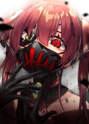Rule 34 | 1girl, absurdres, amulet, black gloves, commentary, commentary request, covered mouth, eyepatch, gloves, hair ribbon, heterochromia, highres, hololive, houshou marine, long hair, looking at viewer, mask, onigumo zx, red eyes, red hair, ribbon, slit pupils, solo, twintails, virtual youtuber, white background, yellow eyes