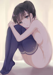 Rule 34 | 1girl, absurdres, black eyes, black hair, blush, breast press, breasts, closed mouth, commentary request, full body, gin (oyoyo), has bad revision, has downscaled revision, head tilt, highres, hugging own legs, large breasts, looking at viewer, md5 mismatch, no shoes, nude, original, ponytail, resolution mismatch, short hair, sitting, solo, source smaller, thighhighs