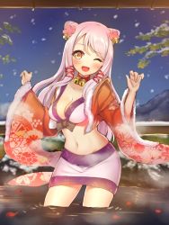 Rule 34 | 10s, 1girl, ;d, bell, neck bell, breasts, cleavage, collar, eikisama113, eve santaclaus, hair bell, hair ornament, highres, idolmaster, idolmaster cinderella girls, japanese clothes, jingle bell, long hair, one eye closed, open mouth, petals, smile, snow, solo, wading, white hair, yellow eyes