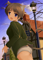 Rule 34 | 1girl, :d, animal ears, bad id, bad pixiv id, blue eyes, braid, brown hair, catocala, cloud, day, house, long hair, looking back, lynette bishop, open mouth, outdoors, panties, single braid, sky, smile, solo, strike witches, tail, tree, underwear, white panties, world witches series