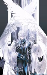 Rule 34 | 1boy, absurdres, angel wings, cael anselm, closed eyes, closed mouth, highres, holding, long hair, lovebrush chronicles, male focus, procreate (medium), solo, white hair, white wings, wings, yexuan
