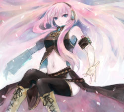 Rule 34 | blue eyes, boots, detached sleeves, headset, long hair, megurine luka, midriff, navel, pink hair, shrimpman, solo, thighhighs, very long hair, vocaloid