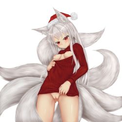 Rule 34 | 1girl, animal ears, bad id, bad pixiv id, breasts, christmas, fox ears, fox tail, gluteal fold, hat, long hair, meme attire, multiple tails, naked sweater, nipples, open-chest sweater, original, pussy, red eyes, ribbed sweater, santa hat, small breasts, solo, sweater, tail, tenyoshi (briansept), uncensored, white hair