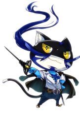 Rule 34 | 1boy, belt, cat, cosplay, denim, diego (persona 5), diego (persona 5) (cosplay), facial hair, goatee, highres, holding, holding weapon, jeans, lapel pin, morgana (persona 5), mustache, pancakesorting, pants, persona, persona 5, persona 5 the royal, rapier, sword, weapon, white background, yellow eyes