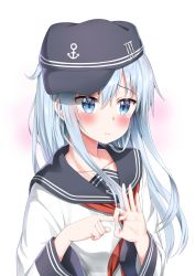 Rule 34 | 1girl, absurdres, anchor symbol, blue eyes, blush, collarbone, commentary, flat cap, hat, hibiki (kancolle), highres, kantai collection, long hair, long sleeves, looking away, nedia (nedia region), penetration gesture, school uniform, serafuku, silver hair, simple background, solo, white background