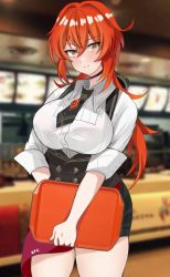 Rule 34 | 1girl, bad id, bad pixiv id, blush, breasts, brown eyes, choker, collared shirt, cowboy shot, diluc (genshin impact), employee uniform, fast food uniform, gender request, genderswap, genshin impact, highres, holding, holding tray, icons (1452697582), kfc, large breasts, looking at viewer, low ponytail, noelle (genshin impact), noelle (kfc) (genshin impact), ponytail, red hair, shirt, solo, tray, uniform