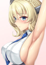 Rule 34 | 1girl, absurdres, armpits, arms up, blonde hair, blue eyes, blue necktie, blush, braid, breasts, closed mouth, collared shirt, colorado (kancolle), from side, garrison cap, grey hat, hat, highres, kantai collection, large breasts, looking at viewer, necktie, ruin re birth, shirt, short hair, sideboob, sleeveless, sleeveless shirt, solo, upper body, white shirt