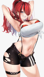 Rule 34 | 1girl, absurdres, arched back, armpits, arms up, black eyes, black hair, blush, breasts, cleavage, ear piercing, grin, hair over one eye, hand in own hair, highres, lain paterson, lain paterson (1st costume), large breasts, lipstick, long hair, looking at viewer, makeup, midriff, multicolored hair, navel, nijisanji, open clothes, open fly, open shorts, parted lips, piercing, ponytail, red hair, sanuki (kyoudashya), short shorts, shorts, simple background, skindentation, smile, solo, strapless, streaked hair, suspender shorts, suspenders, sweat, thigh strap, torn clothes, torn shorts, tube top, virtual youtuber