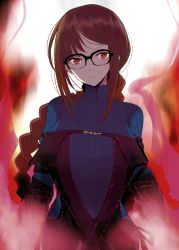Rule 34 | 1girl, black dress, black gloves, blue dress, blush, braid, braided ponytail, breasts, brown hair, center opening, dress, elbow gloves, fate/grand order, fate (series), fire, glasses, gloves, han (jackpot), layered dress, long hair, long sleeves, looking at viewer, medium breasts, red eyes, ribbed dress, ribbon-trimmed dress, sidelocks, turtleneck, turtleneck dress, very long hair, yu mei-ren (fate), yu mei-ren (first ascension) (fate)