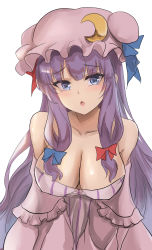 1girl :o bare_shoulders blue_bow blue_ribbon blush bow breasts cleavage collarbone crescent crescent_hat_ornament dress hair_bow hat hat_ornament highres large_breasts long_hair looking_at_viewer mob_cap namiki_(remiter00) open_mouth patchouli_knowledge purple_hair red_bow ribbon sidelocks simple_background solo striped_clothes striped_dress touhou vertical-striped_clothes vertical-striped_dress very_long_hair white_background