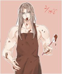 Rule 34 | 1boy, advent-lezard, alternate costume, apron, bare arms, bare shoulders, blue eyes, brown apron, brown pants, chocolate, chocolate making, chocolate on body, chocolate on pectorals, commentary request, dated, final fantasy, final fantasy vii, food in mouth, food on body, grey hair, hand on own hip, heart, highres, holding, holding spatula, light smile, long bangs, long hair, male focus, muscular, muscular male, outline, pants, parted bangs, pink background, sephiroth, slit pupils, solo, spatula, upper body, valentine, white outline