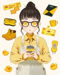 Rule 34 | 1girl, black-framed eyewear, black hair, boots, cup, female focus, game boy, game boy color, glasses, glasses case, hair bun, handheld game console, heinz, highres, holding, holding handheld game console, lipton, looking at viewer, mug, notebook, open mouth, original, overalls, rubber duck, shirt, sidelocks, single hair bun, solo, striped clothes, striped shirt, sumika inagaki, white background, white overalls, yellow eyes, yellow theme