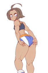 Rule 34 | 1girl, adjusting clothes, adjusting shorts, ahoge, ass, blue eyes, brown hair, creatures (company), game freak, gym trainer (pokemon), hanzo (2929), highres, nintendo, pokemon, pokemon swsh, short hair, shorts, solo, sportswear, toned