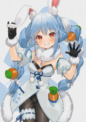 Rule 34 | 1girl, animal ear fluff, animal ears, armpits, bare shoulders, black gloves, black pantyhose, blue hair, blush, braid, breasts, bridal garter, carrot, carrot hair ornament, cleavage, coat, commentary request, extra ears, eyebrows, food, food-themed hair ornament, fur-trimmed gloves, fur trim, gloves, gotou (nekocat), grin, hair between eyes, hair ornament, hands up, highres, hololive, leotard, leotard under clothes, long hair, looking at viewer, multicolored hair, open mouth, outstretched hand, pantyhose, rabbit ears, scarf, simple background, small breasts, smile, solo, thick eyebrows, twin braids, two-tone hair, usada pekora, usada pekora (1st costume), virtual youtuber, white coat, white hair