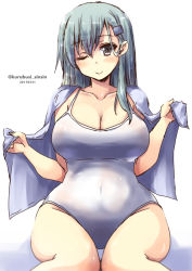 Rule 34 | 10s, 1girl, aqua eyes, aqua hair, breasts, cleavage, competition school swimsuit, dated, hair ornament, hairclip, kantai collection, large breasts, long hair, looking at viewer, one-piece swimsuit, one eye closed, school swimsuit, shinshin, sitting, smile, solo, suzuya (kancolle), swimsuit, towel, white school swimsuit, white one-piece swimsuit