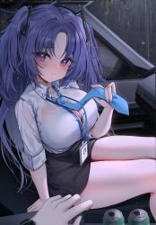 Rule 34 | 1boy, 1girl, arlene (ju), black skirt, blue archive, blue necktie, blush, bra, bra peek, breasts, button gap, can, car interior, cleavage, commentary request, halo, highres, id card, lanyard, large breasts, long hair, looking at viewer, miniskirt, necktie, parted lips, pov, pov hands, purple eyes, purple hair, rain, shirt, shirt tucked in, sitting, skirt, solo focus, thighs, two side up, underwear, very long hair, watch, wet, wet clothes, wet shirt, white shirt, wristwatch, yuuka (blue archive)