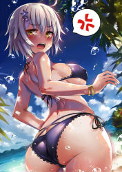 Rule 34 | 1girl, ahoge, anger vein, arched back, ass, back, bare arms, bare shoulders, beach, bikini, black bikini, blue sky, blush, bracelet, breasts, butt crack, cloud, cloudy sky, commentary, covered erect nipples, cowboy shot, curvy, day, eyelashes, fate/grand order, fate (series), female focus, fingernails, flower, from behind, hair between eyes, hair flower, hair ornament, hairclip, hand up, highres, huge ass, jeanne d&#039;arc (fate), jeanne d&#039;arc alter (avenger) (fate), jeanne d&#039;arc alter (fate), jewelry, lace, lace-trimmed bikini, lace trim, large breasts, legs together, long fingernails, looking at viewer, looking back, mountain, moze, ocean, open mouth, outdoors, palm tree, sand, shiny skin, shiron (30750038), short hair, shoulder blades, side-tie bikini bottom, sideboob, silver hair, skindentation, sky, solo, spoken anger vein, standing, string bikini, swimsuit, teeth, thigh gap, thighs, tongue, tree, twisted neck, upper teeth only, water, water drop, wet, wide hips, yellow eyes
