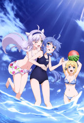 Rule 34 | 10s, 3girls, :d, ;d, absurdres, barefoot, bikini, blush, breasts, cleavage, day, feet, front-tie top, highres, kitahara koudai, multiple girls, name tag, navel, new school swimsuit, official art, one eye closed, open mouth, outdoors, rokudenashi majutsu koushi to akashic record, rokudenashi majutsu koushi to kinki kyouten, rumia tingel, ryiel rayford, scan, school swimsuit, side-tie bikini bottom, sistina fibel, sistine fibel, smile, striped bikini, striped clothes, swimsuit, toes, wading
