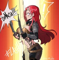Rule 34 | 1girl, absurdres, artist name, belt, black gloves, black pants, breasts, brown belt, brown pants, cowboy shot, dual wielding, fingerless gloves, gloves, highres, holding, holding weapon, katarina (league of legends), large breasts, league of legends, long hair, nail polish, pants, red background, red hair, rolo&#039;s art, scar, scar across eye, shiny skin, solo, speech bubble, stomach tattoo, surprised, sweat, tattoo, two-tone pants, weapon, yellow background