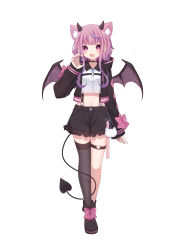 Rule 34 | 1girl, :d, absurdres, animal ears, bat ears, bat wings, black choker, black footwear, black jacket, black shorts, black thighhighs, choker, collared shirt, crop top, demon horns, demon tail, frills, full body, hand up, high-waist shorts, highres, horns, iriam, jacket, long hair, looking at viewer, midriff, multicolored hair, navel, official art, open clothes, open jacket, open mouth, pink hair, sakuma miku, sapphire (sapphire25252), shirt, shoes, short shorts, shorts, single thighhigh, smile, solo, standing, straight-on, streaked hair, suspenders, tail, thigh strap, thighhighs, virtual youtuber, white shirt, wings