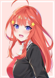 Rule 34 | 1girl, ahoge, black jacket, blush, breasts, commentary request, from side, go-toubun no hanayome, hair ornament, highres, hofumaso, jacket, large breasts, long hair, looking at viewer, looking to the side, nakano itsuki, open clothes, open jacket, pink background, purple eyes, red hair, red sweater, sidelocks, simple background, solo, star (symbol), star hair ornament, sweater, upper body