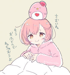 Rule 34 | 1girl, ayase naru, blanket, blush, brown eyes, closed mouth, commentary request, hood, hood down, long sleeves, looking at viewer, object on head, pink hair, pretty rhythm, pretty rhythm rainbow live, pretty series, short hair, simple background, smile, solo, stuffed animal, stuffed penguin, stuffed toy, terayamaden, translation request, under covers, upper body