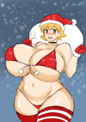 Rule 34 | 1girl, bag, bikini, black choker, blonde hair, bouncing breasts, breasts, choker, christmas, curvy, gloves, hat, highres, huge breasts, looking at viewer, matching hair/eyes, micro bikini, momijizx, navel, open mouth, outdoors, plump, red bikini, red gloves, santa hat, short hair, skindentation, snow, solo, standing, swimsuit, teeth, thick thighs, thighhighs, thighs, underboob, upper teeth only, w arms, white background, wide hips, yellow eyes