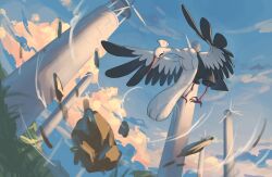 Rule 34 | bird, bombirdier, cloud, creatures (company), day, flying, game freak, nintendo, no humans, outdoors, pokemon, rock, tensen (dotted line), windmill