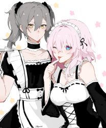 Rule 34 | 2girls, black dress, blue eyes, collarbone, commentary, dress, english commentary, grey hair, hair between eyes, hair ornament, hair scrunchie, highres, holding, holding tray, honkai: star rail, honkai (series), kyzuhe1, long hair, long sleeves, looking at viewer, maid, maid day, maid headdress, march 7th (honkai: star rail), multiple girls, one eye closed, pink hair, puffy short sleeves, puffy sleeves, scrunchie, short sleeves, stelle (honkai: star rail), tongue, tongue out, trailblazer (honkai: star rail), tray, twintails, yellow eyes