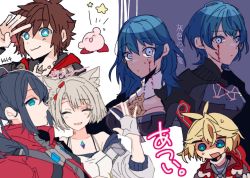 Rule 34 | 2girls, 4boys, animal ears, black coat, black hair, blonde hair, blood, blue eyes, blue hair, blush, breasts, byleth (female) (fire emblem), byleth (fire emblem), byleth (male) (fire emblem), cat ears, chest jewel, closed eyes, closed mouth, coat, collarbone, dual persona, fire emblem, fire emblem: three houses, fire emblem warriors, fire emblem warriors: three hopes, hair ornament, jacket, kingdom hearts, kingdom hearts iv, kirby, kirby (series), kirby and the forgotten land, large breasts, long hair, looking at viewer, medium hair, mio (xenoblade), monado, mugimugis, multiple boys, multiple girls, nintendo, noah (xenoblade), open mouth, ponytail, red jacket, short hair, shulk (xenoblade), simple background, smile, sora (kingdom hearts), tank top, white hair, white jacket, white tank top, xenoblade chronicles (series), xenoblade chronicles 1, yellow eyes