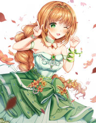 Rule 34 | 1girl, absurdres, bare shoulders, blush, breasts, brown hair, cleavage, commentary request, dress, flower, gem, green dress, green eyes, hair ornament, highres, hino akane (idolmaster), idolmaster, idolmaster cinderella girls, idolmaster cinderella girls starlight stage, jewelry, leaf, long hair, looking at viewer, medium breasts, necklace, one eye closed, open mouth, orange flower, ponytail, simple background, smile, solo, white background, zipgaemi