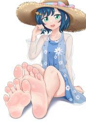 Rule 34 | 1girl, barefoot, blue hair, blush, delicious party precure, dress, feet, foot focus, foreshortening, fuwa kokone, green eyes, hat, highres, looking at viewer, medium hair, open mouth, precure, simple background, soles, straw hat, toes, white background