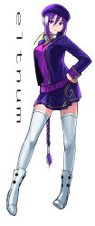 Rule 34 | 00s, 1girl, absurdres, alternate costume, ankle boots, beret, boots, breasts, character name, eltnum, french-bread, full body, hair ribbon, hand on own hip, hat, highres, jacket, long hair, long legs, melty blood, necktie, purple eyes, purple hair, ribbon, simple background, sion eltnam atlasia, skirt, sweater, tetsu (kimuchi), thighhighs, tsukihime, under night in-birth, v-neck, very long hair, white background, white thighhighs, wrist cuffs, zettai ryouiki