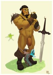Rule 34 | 1girl, 2boys, bara, fairy, flaccid, foreskin, full body, grass, highres, kupo klein, multiple boys, muscular, orc, penis, size difference, sword, undressing, weapon