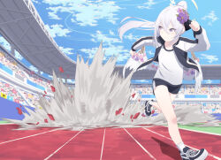 Rule 34 | 1girl, absurdres, aimpoleume, angel wings, azusa (blue archive), blue archive, blue sky, crossed bangs, field, halo, highres, jacket, long hair, low wings, outdoors, pink eyes, ponytail, running, running track, shirt, sky, solo, stadium, track jacket, white hair, white shirt, white wings, wings
