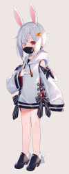 Rule 34 | 1girl, animal ears, black bow, black footwear, blush, bow, carrot hair ornament, commentary request, drawstring, eyes visible through hair, food-themed hair ornament, full body, grey background, hair ornament, hair over one eye, high heels, highres, hood, hood down, hoodie, long sleeves, looking at viewer, mask, meito (maze), mouth mask, original, rabbit ears, shoes, short hair, sidelocks, silver hair, simple background, sleeves past wrists, solo, standing, striped, striped bow, white hoodie, wide sleeves