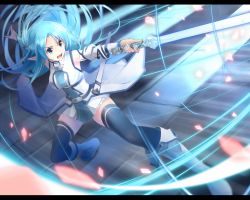 Rule 34 | 10s, 1girl, asuna (sao), asuna (sao-alo), black thighhighs, blue eyes, blue hair, blurry, boots, depth of field, detached sleeves, holding, holding sword, holding weapon, letterboxed, long hair, matching hair/eyes, pointy ears, scabbard, sheath, simple background, solo, standing, sword, sword art online, thighhighs, thighs, v-shaped eyebrows, very long hair, weapon